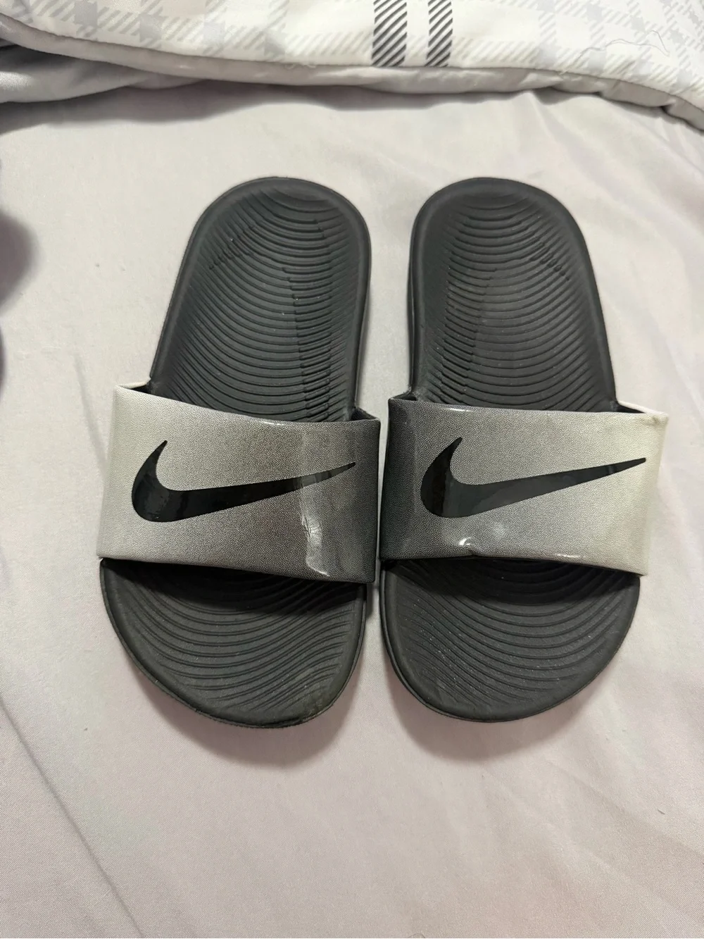 Nike Black and Silver Slide Sandals with Black Swoosh